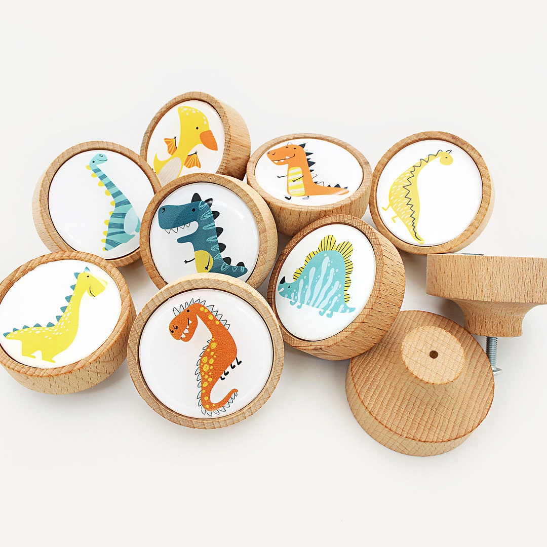 Wooden Dinosaur Knobs for Kids Room Drawers and Colorful