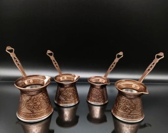 4 pieces Zamak Turkish Coffee Pot Set , Engraved Zamak Coffee Pot , Turkish Coffee Maker ,Handmade Coffee Maker Set , Vintage Coffee Pot