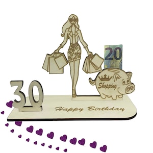 Geschenk zum 30 Geburtstag Shopping Queen - Geldgeschenk aus Holz für Geburtstag – Perfekt für 16, 18, 20, 30, 40, 50, 60, 70-Jährige Frauen