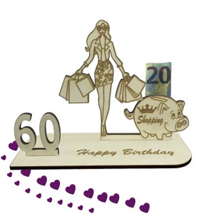 Geschenk zum 60 Geburtstag Shopping Queen - Geldgeschenk Holz für Geburtstagsgeschenk – Ideal für 16, 18, 20, 30, 40, 50, 60, 70 Jahre