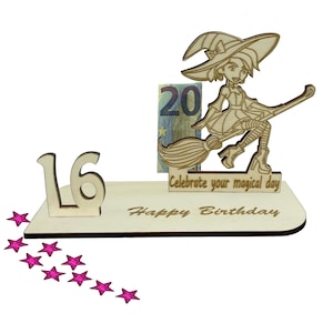 Geldgeschenk 16 Geburtstag | Geschenkidee für 16, 18, 20, 30, 40, 50, 60, 70 | Geburtstagskarte & Verpackung | Jubiläum | Kleine Hexe
