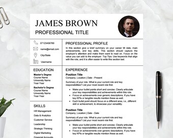 Professional Resume Template with Photo for Word, Mac Pages & Google Docs, Modern CV Template and Cover Letter Template