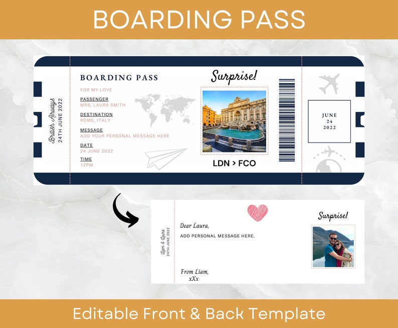 EDITABLE Boarding Ticket Template, Surprise Boarding Pass, Plane Ticket