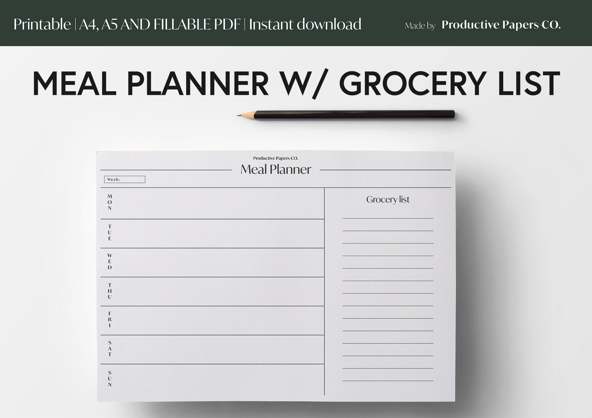 Meal Planner W/ Grocery List Landscape Printable Minimalist Weekly Meal ...