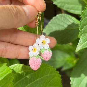 Micro Crochet Strawberry & Flower Earrings
