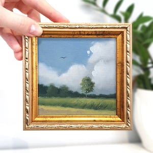 Small landscape painting, Original miniature in gold frame