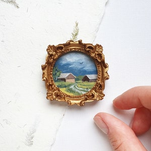 Original Mini Gemälde im Vintage Rahmen, Handgemalte Miniatur Ölgemälde, Puppenhaus Wandkunst