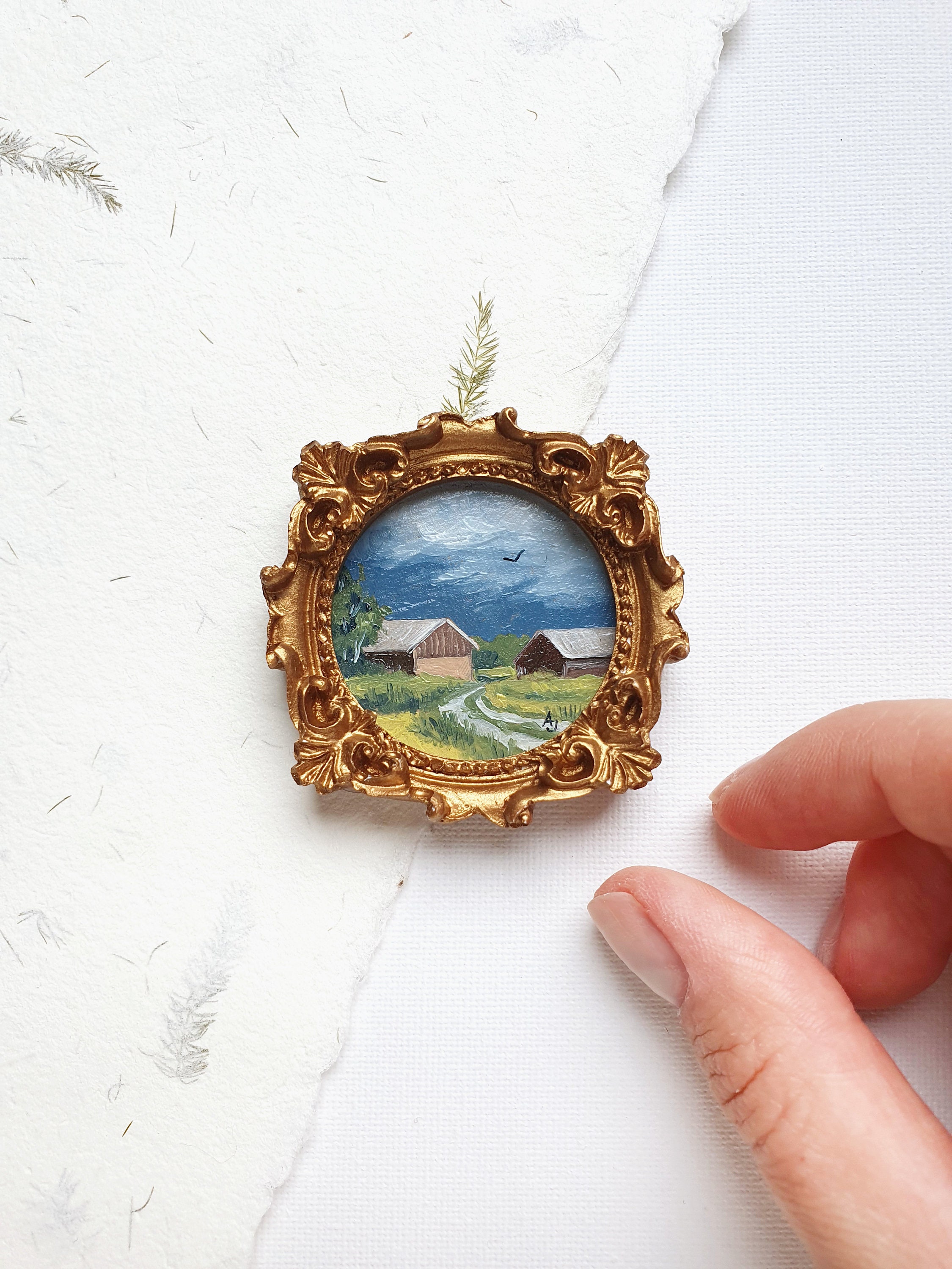 Original mini painting in vintage frame, Hand painted miniature oil painting, Dollhouse wall art