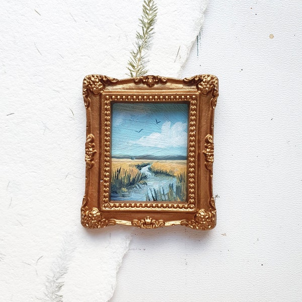 Miniature oil painting, Dollhouse painting, Miniature vintage frame wall art, Original tiny artwork