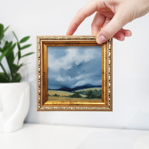 Original minature framed painting, Tiny landscape oil painting, Mini framed art