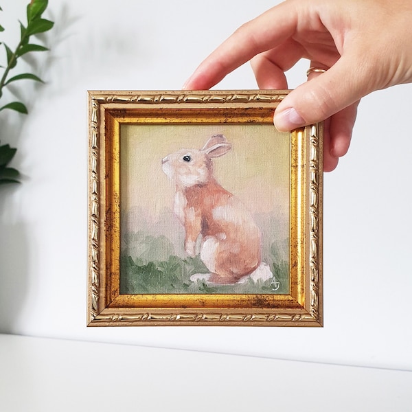 Bunny oil painting, Tiny rabbit painting, Original miniature painting framed
