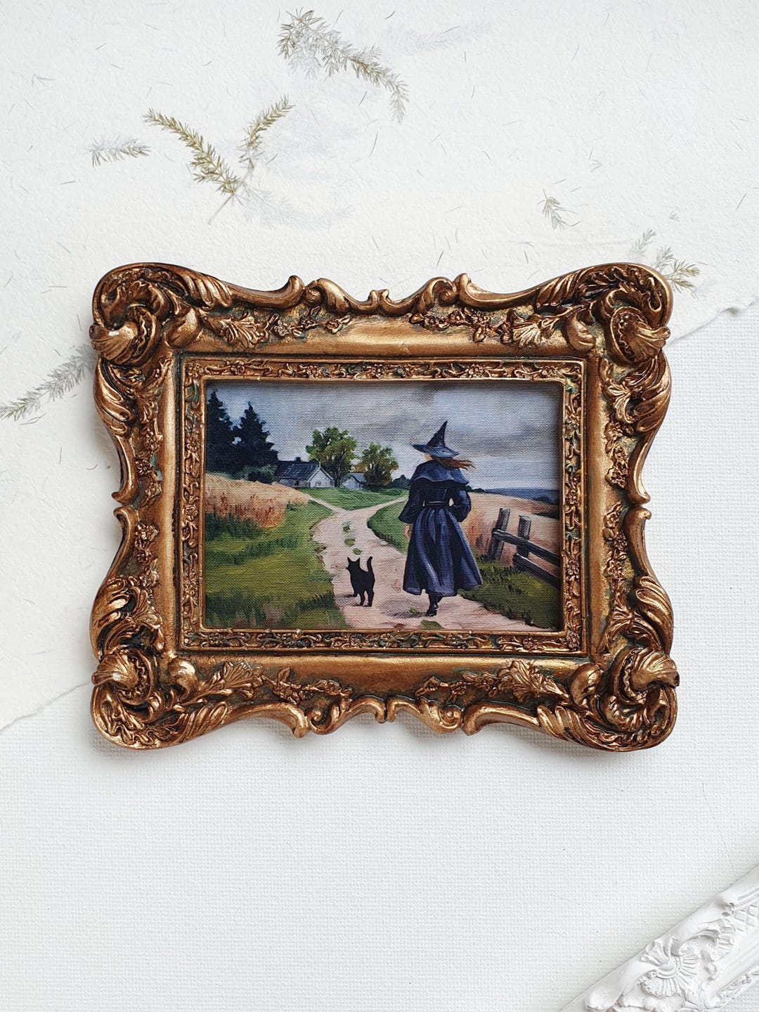 Halloween Witch Art, Black Cat and Witch Painting Print, Framed Small