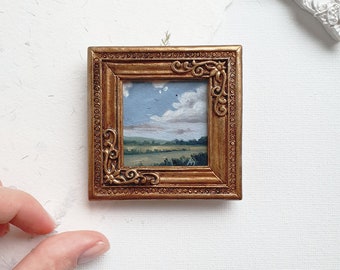 Miniature painting framed, Handmade tiny artwork in retro style frame