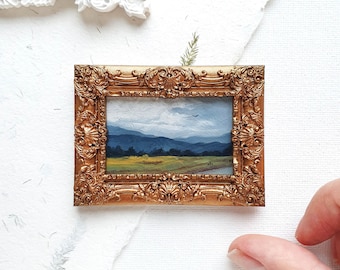 Miniature oil painting in vintage frame, Original hand painted tiny painting