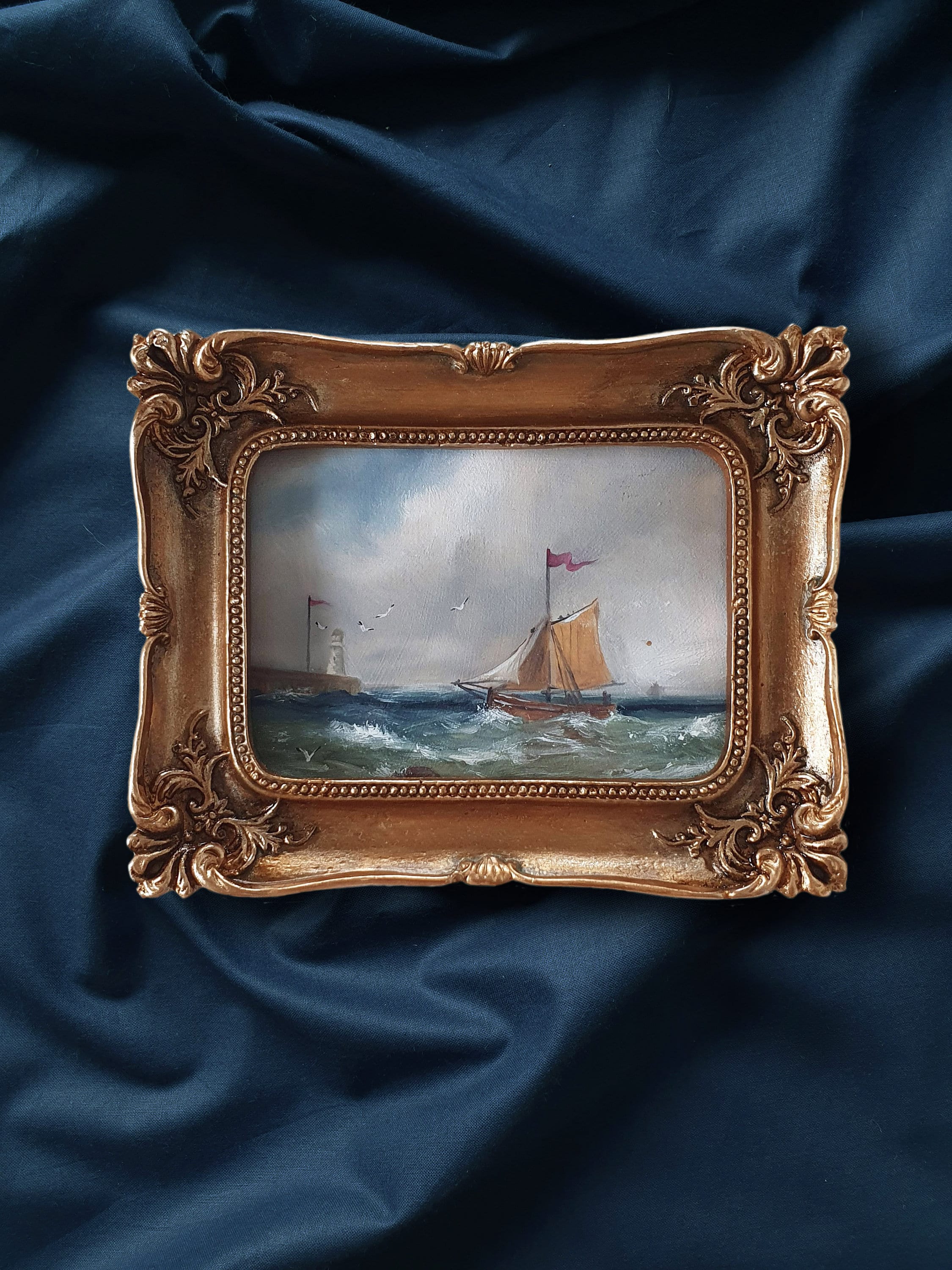 Ship seascape in vintage style frame, Ocean Inspired Decor, Small wall art