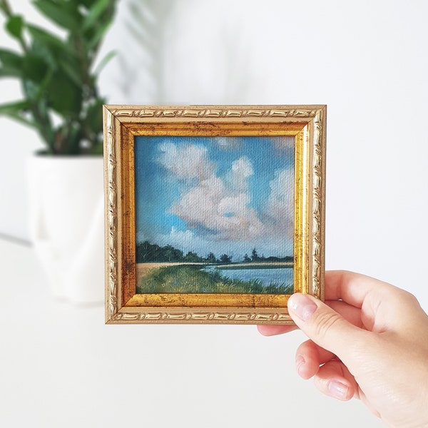 Tiny oil painting original, Modern art for living room, Miniature painting in gold frame