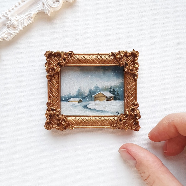 Winter scenery miniature painting, Snow landscape oil painting, Winter lover gift idea