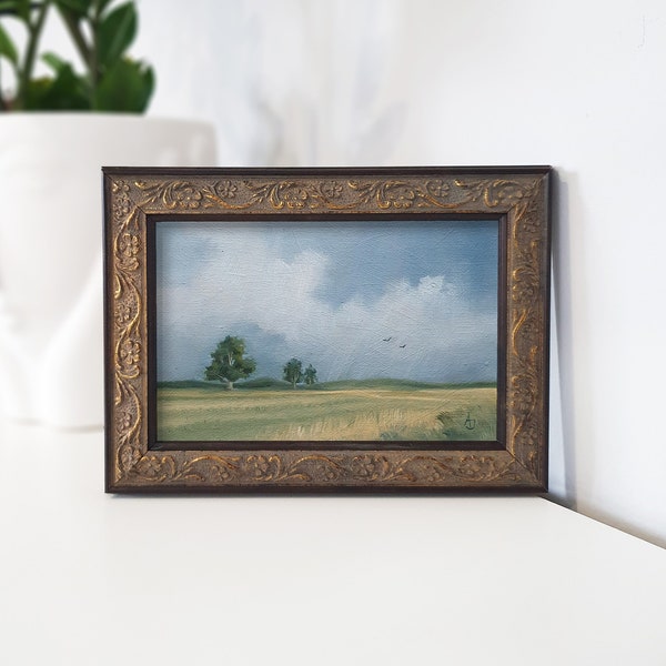 Small cloudy landscape oil painting in ornament frame, Unique art gift for nature lovers