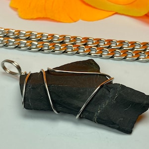 Shungite Pendant with Cuban Link Necklace Stainless wrapped Stone Raw FreeForm Pendant Genuine Karelian Shungite ShungiteAUTHORITY