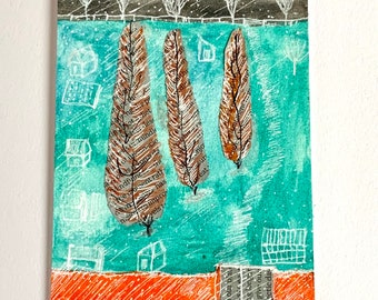 Winter Poplars and Allotments- 6 x 4 ins original collage/mixed media painting by Miriam Jones