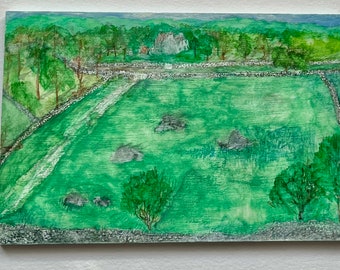 Upland Field N. Wales- original mixed media painting on wooden board by Miriam Jones