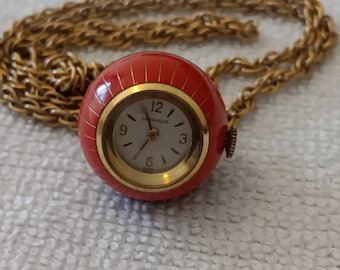 Vtg 1960s Caravelle Swiss Red Ball Watch with Necklace