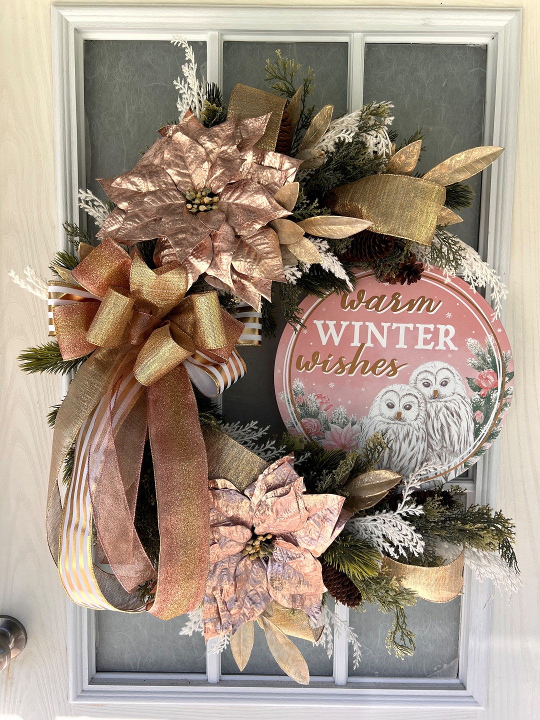 Warm Winter Wishes Wreath. Pink and Gold Glam Owl, With Greenery and ...