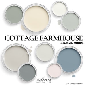 May include: A collection of paint color swatches in various shades of gray, blue, beige, and white. The swatches are arranged in a circle with the text "COTTAGE FARMHOUSE BENJAMIN MOORE" at the top. The text "LUXE COLOR PAINT PALETTES" is at the bottom of the image. The text "(9 OF 12 COLORS SHOWN)" is at the bottom right of the image.