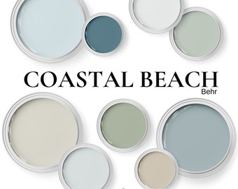 May include: A paint color palette called "Coastal Beach" by Behr. The palette features nine shades of blue, green, and beige paint colors in paint cans.