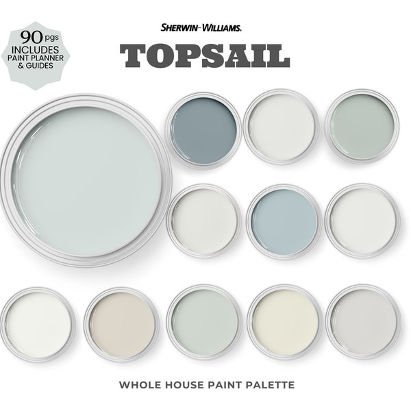 Sherwin Williams Topsail Coordinating Colors ~ Accent Color Palette for Bedrooms ~ living rooms ~ includes SW Copen Blue and SW Pure White.