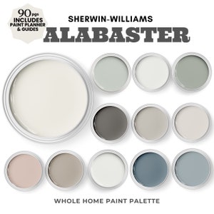 Sherwin Williams Alabaster Paint Color palette. Coordinating Colors For Whole House. Includes SW Sea Salt And SW Mindful Gray.