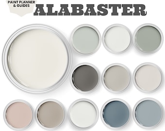 Sherwin Williams Alabaster Paint Color palette. Coordinating Colors For Whole House. Includes SW Sea Salt And SW Mindful Gray.