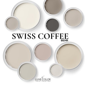Puede incluir: Una paleta de colores de pintura que presenta varios tonos de beige y marrón, con el nombre "SWISS COFFEE BEHR" mostrado en la parte inferior. La paleta se presenta en una disposición circular de tapas de latas de pintura.