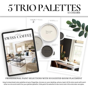 May include: A digital tablet displaying a colour palette with the name "Swiss Coffee" and a room interior design featuring a living room with a sofa, coffee table, and plants. The text "5 Trio Palettes 12 Colors" is at the top of the image.
