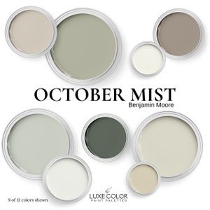 Benjamin Moore October Mist Color Palette ~ Coordinating Paint Colors for a Bedroom, Bathroom, Kitchen Cabinets and Whole House.