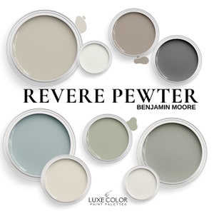 Benjamin Moore Revere Pewter Color Palette Guide | Neutral Gray Paint Color Schemes For Modern Farmhouse, Coastal, & Home Decor Inspiration.