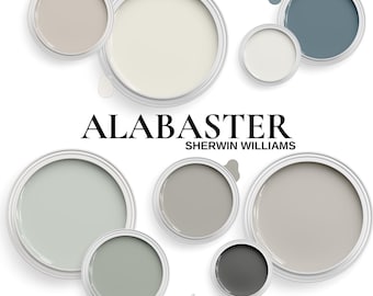 Sherwin Williams Alabaster Paint Color palette. Coordinating Colors For Whole House. Includes SW Sea Salt And SW Agreeable Gray.