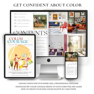 May include: A digital guide titled "Color Courage: Create the perfect color palette" with a colorful illustration of a woman holding a paintbrush and a color wheel. The guide includes tips on how to choose paint colors for your home like a professional designer.
