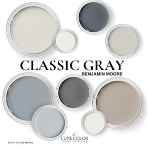 Może przedstawiać: Paleta kolorów farb, prezentująca 9 z 12 kolorów z kolekcji Classic Gray firmy Benjamin Moore. Kolory wahają się od jasnoszarego do beżowego i brązowego.