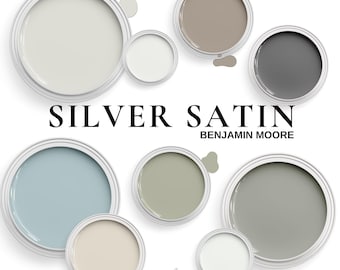Benjamin Moore Silver Satin with Coordinating Colors ~  Complementary Color Palette for Living Room, Cabinets, and Whole House.