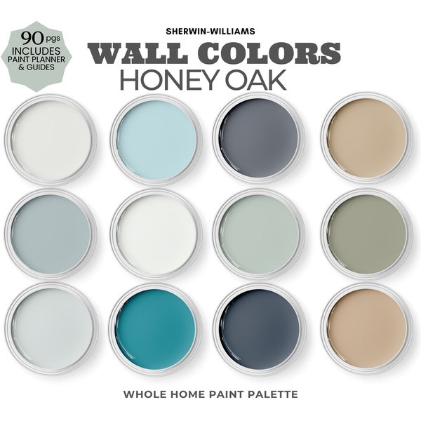 Honey Oak Color Palette, Sherwin Williams Paint Colors that can go with honey oak floors, oak trim, and oak cabinets.