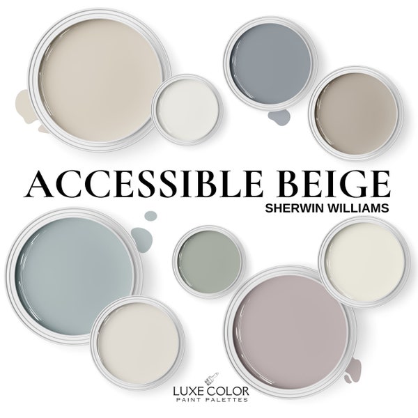 Accessible Beige Color Palette ~ Sherwin Williams Complementary Colors that include cabinets, kitchen, and living room.