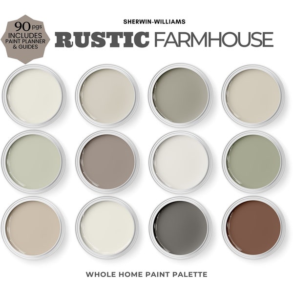 Rustic Farmhouse Color Palette ~ Color Scheme with Sherwin Williams Clary Sage, Sherwin Williams Origami, Best Rustic Colors For Whole House