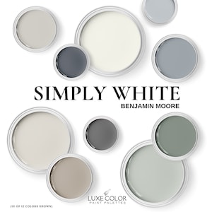 Può includere: Una tavolozza di colori per la pittura che presenta 10 dei 12 colori della collezione Simply White di Benjamin Moore. I colori vanno dal grigio chiaro al verde scuro.