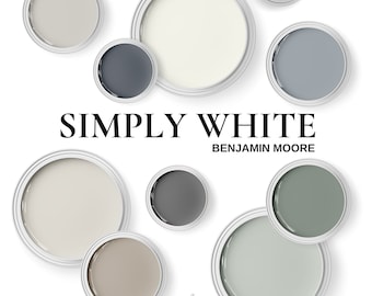 Simply White Benjamin Moore Color Palette ~ Coordinating Colors for a living room, bedroom, and Kitchen. Color Scheme for Whole House.