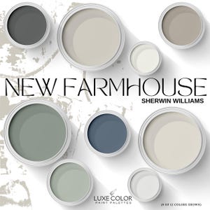 May include: An overhead shot of nine open paint cans in various neutral colors, including gray, beige, and blue. The text "NEW FARMHOUSE" and "SHERWIN WILLIAMS" are displayed. The image is a paint palette advertisement.