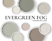 Evergreen Fog Color Palette, Sherwin Williams Best Colors for a Living Room, Bedroom and Kitchen.