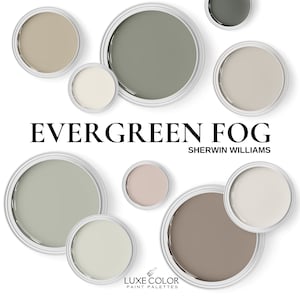 Evergreen Fog-kleurenpalet, de beste kleuren van Sherwin Williams voor een woonkamer, slaapkamer en keuken.