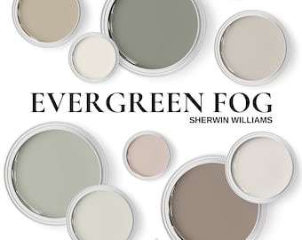 Evergreen Fog Color Palette, Sherwin Williams Best Colors for a Living Room, Bedroom and Kitchen.