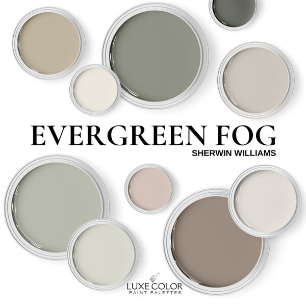 Evergreen Fog Farbpalette, Sherwin Williams Beste Farben für Wohnzimmer, Schlafzimmer und Küche.